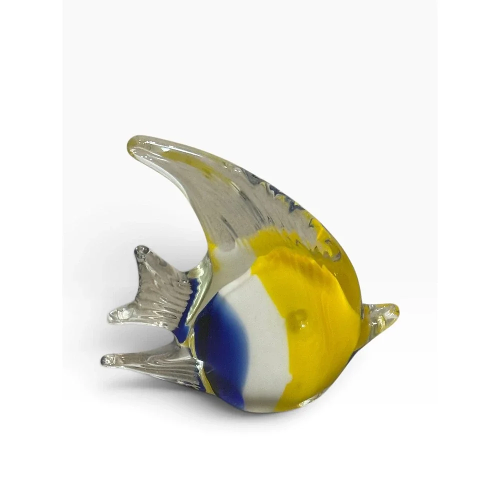 Hand Blown Art Glass Tropical Angelfish Figurine Paperweight Yellow Blue 4in